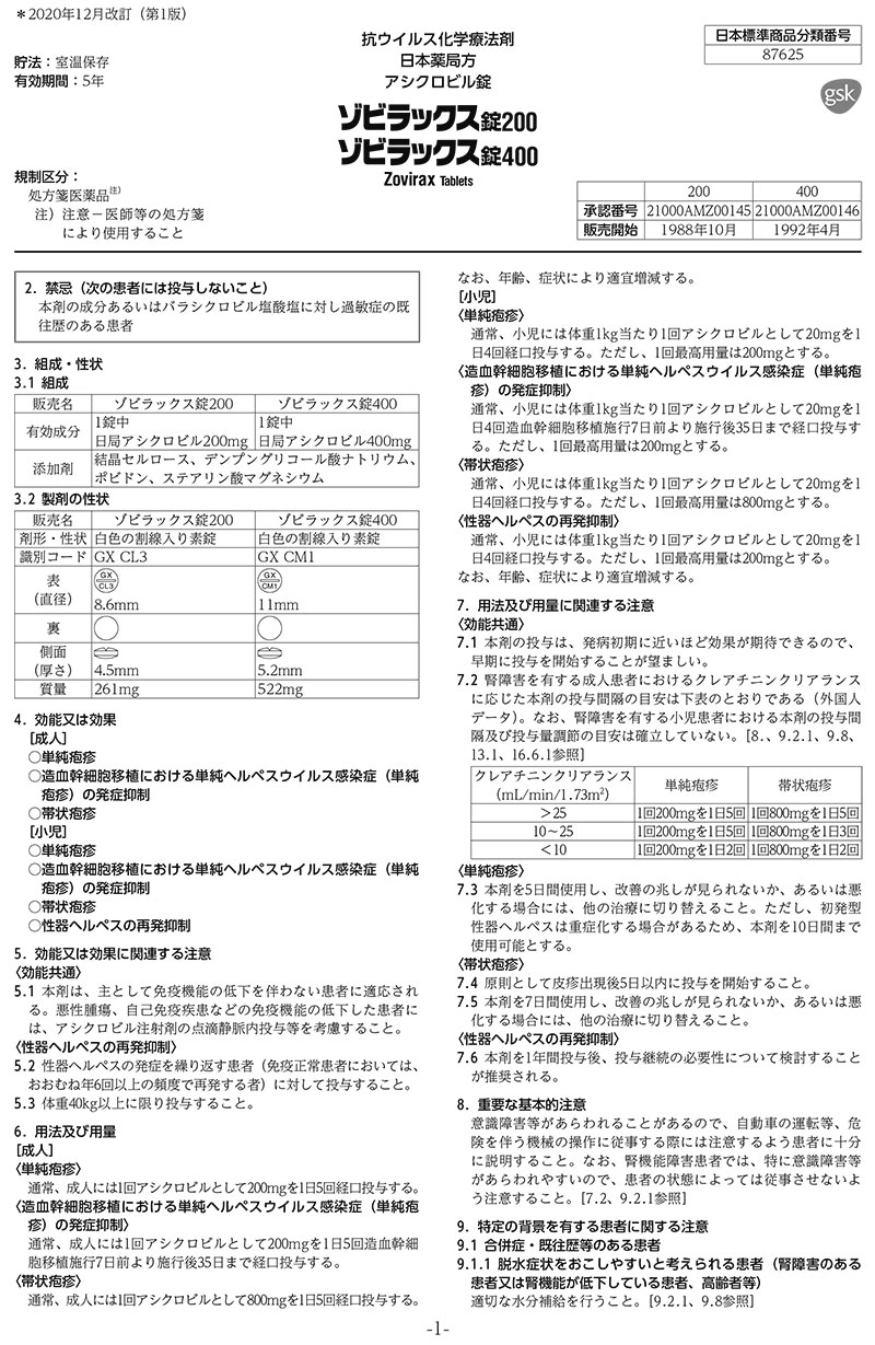 ゾビラックスの医薬品説明書