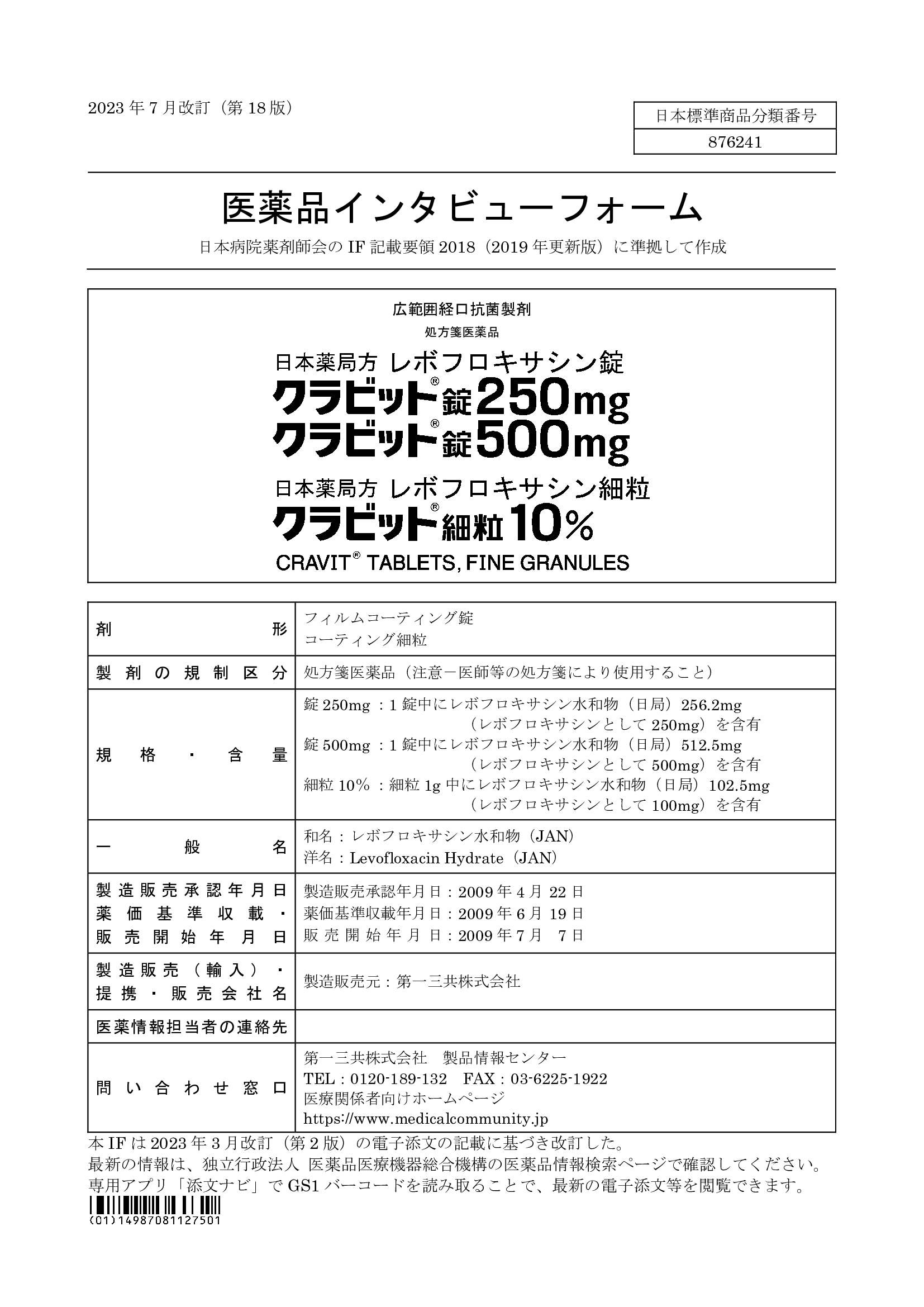 クラビットの医薬品説明書