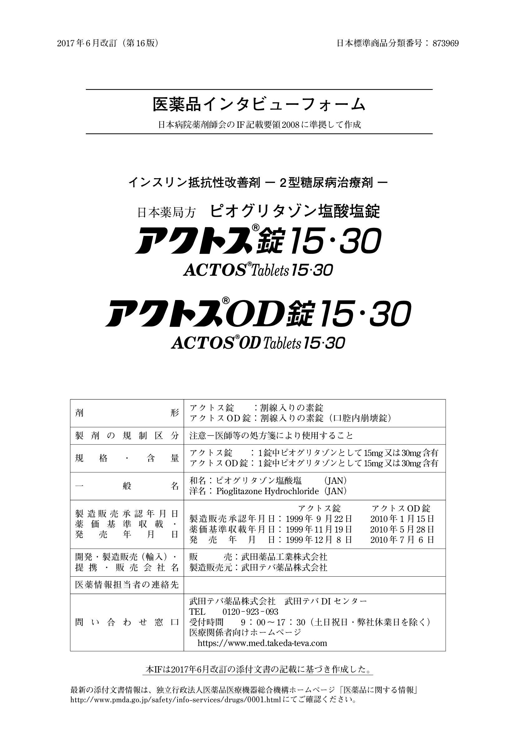 アクトスの医薬品説明書