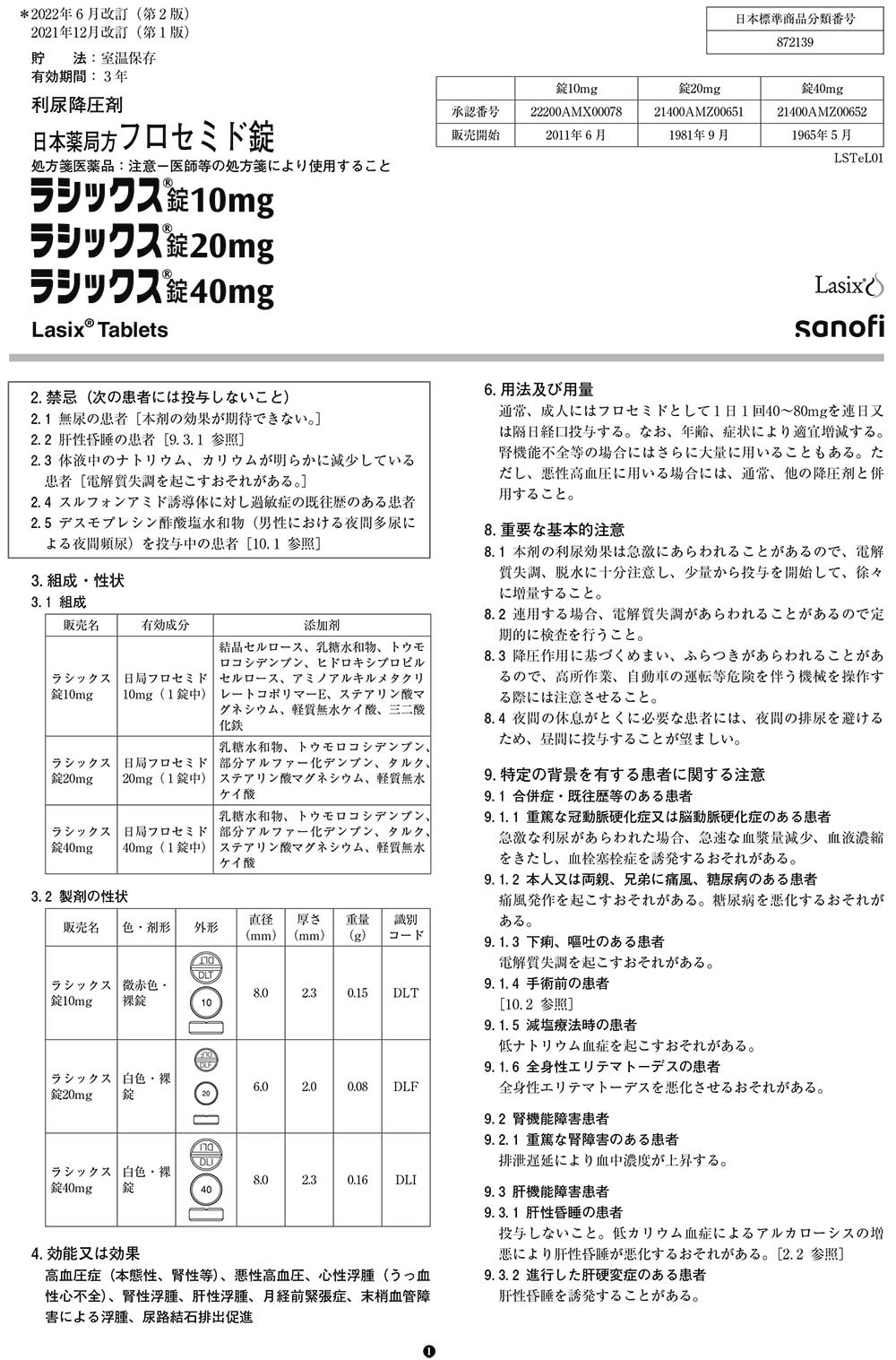 ラシックスの医薬品説明書